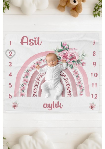 %100 Pamuk Isme Özel Bebek Fotoğraf Çekim Anı Örtüsü (120X100 Cm) Çiçek Kuşağı