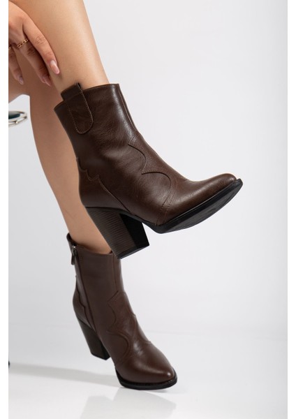 117 Kahve Kovboy Dikiş Detaylı Fermuarlı Yüksek Topuklu Günlük Kadın Bot