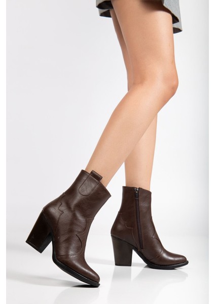 117 Kahve Kovboy Dikiş Detaylı Fermuarlı Yüksek Topuklu Günlük Kadın Bot modelleri