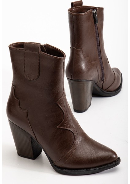 117 Kahve Kovboy Dikiş Detaylı Fermuarlı Yüksek Topuklu Günlük Kadın Bot fırsatları