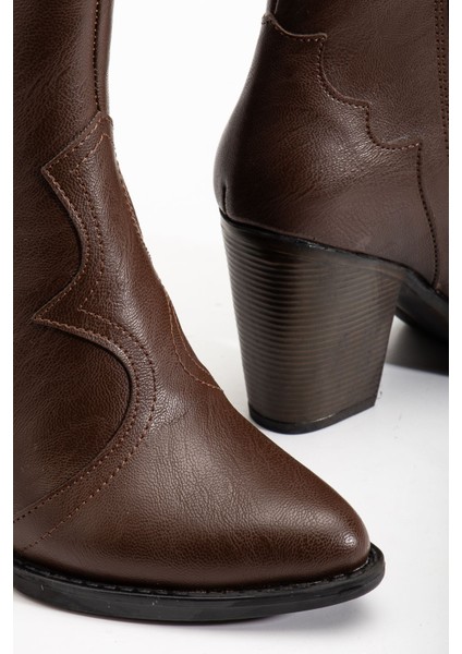 117 Kahve Kovboy Dikiş Detaylı Fermuarlı Yüksek Topuklu Günlük Kadın Bot indirimleri