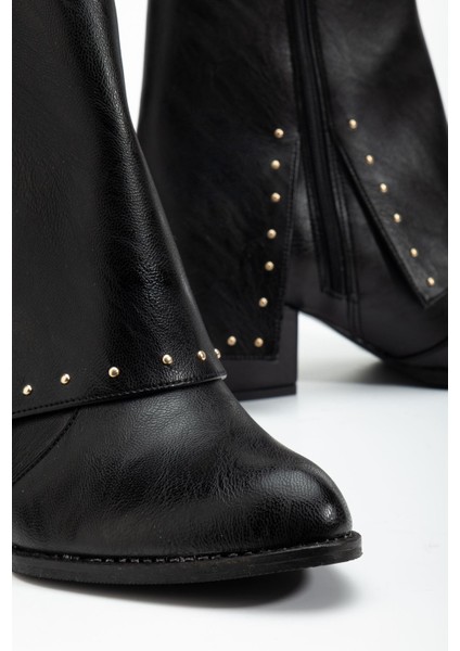 Kadın Sivri Burun Siyah Cilt Detaylı Topuklu Bot modelleri