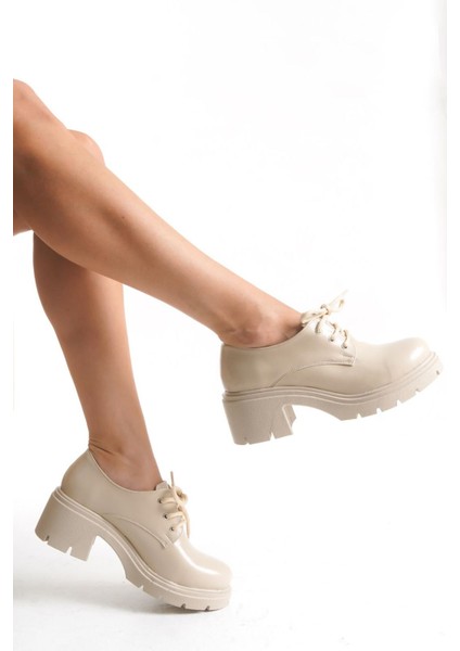K-707 Bej Kırışık Rugan Yüksek Tabanlı Bağcıklı Loafer Ayakkabı modelleri