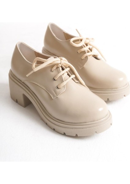 K-707 Bej Kırışık Rugan Yüksek Tabanlı Bağcıklı Loafer Ayakkabı fırsatları