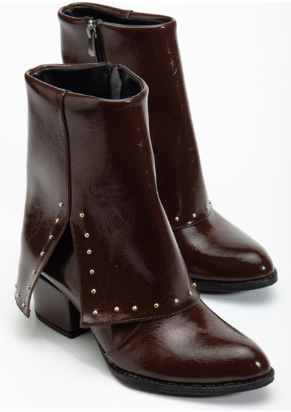Kadın Sivri Burun Kahverengi Parlak Detaylı Topuklu Bot