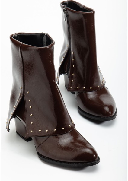 Kadın Sivri Burun Kahverengi Parlak Detaylı Topuklu Bot fiyatları