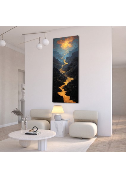 Panoramik Altın Nehir Manzarası Kanvas Tablo – Dikey Modern Doğa Temalı Duvar Dekoru