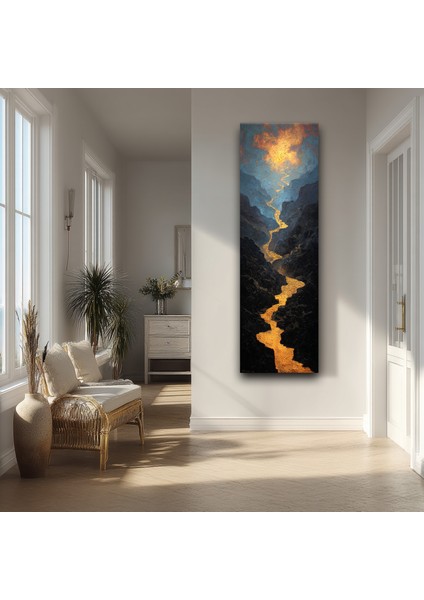 Panoramik Altın Nehir Manzarası Kanvas Tablo – Dikey Modern Doğa Temalı Duvar Dekoru