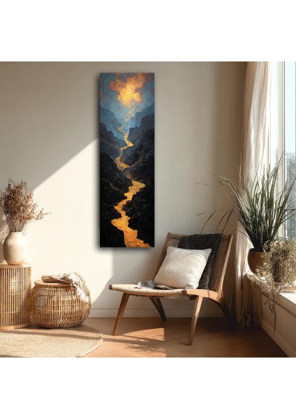 Panoramik Altın Nehir Manzarası Kanvas Tablo – Dikey Modern Doğa Temalı Duvar Dekoru