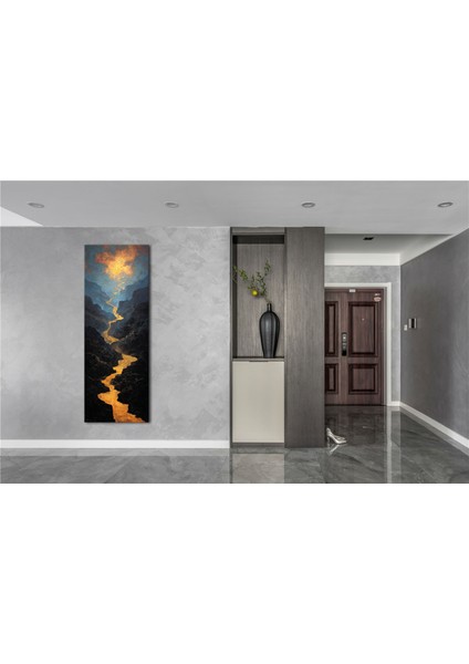 Panoramik Altın Nehir Manzarası Kanvas Tablo – Dikey Modern Doğa Temalı Duvar Dekoru