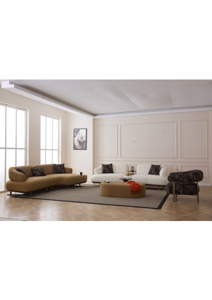 Serenity Koltuk Takımı 4+3+1+1 Sütlü Kahve - Beyaz Kombinasyon ( Puf Hediyeli )