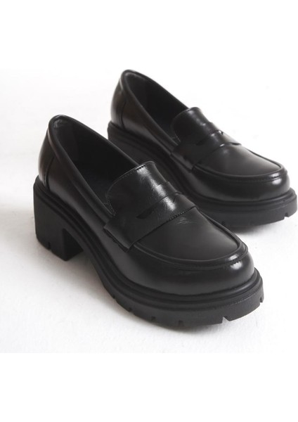 K-706 Siyah Kırışık Rugan Yüksek Tabanlı Loafer Ayakkabı indirimleri