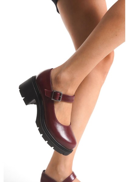 K-708 Bordo Kırışık Rugan Tokalı Yüksek Tabanlı Loafer Ayakkabı