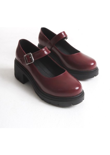 K-708 Bordo Kırışık Rugan Tokalı Yüksek Tabanlı Loafer Ayakkabı indirimleri