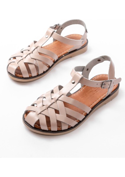 205-02 Bej Ortopedik Hakiki Deri Kadın Sandalet modelleri