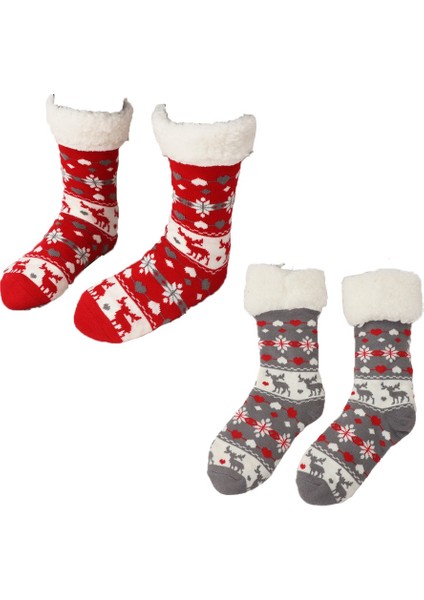 2 Çift Kaymaz Yer Çorabı - Gri Noel Kırmızı Noel Geyiği Çorapları (Yurt Dışından)