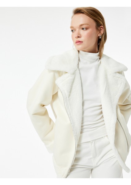 Suni Kürklü Yaka Fermuarlı Cepli Süet Görünümlü Biker Ceket