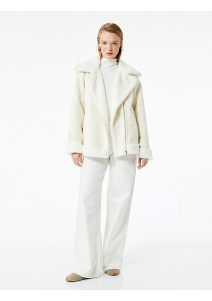 Suni Kürklü Yaka Fermuarlı Cepli Süet Görünümlü Biker Ceket fiyatları