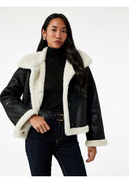 Uzun Kollu Cepli Dik Yaka Içi Peluş Astarlı Suni Süet Biker Ceket