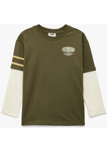 Pamuklu Uzun Kollu Bisiklet Yaka Baskılı Oversize Tişört