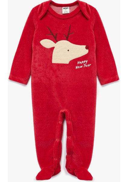 Geyik Nakışlı Uzun Kollu Bisiklet Yaka Pamuklu Kadife Tulum