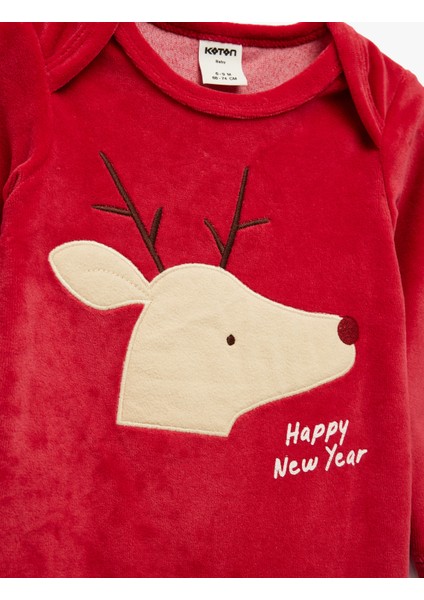 Geyik Nakışlı Uzun Kollu Bisiklet Yaka Pamuklu Kadife Tulum modelleri