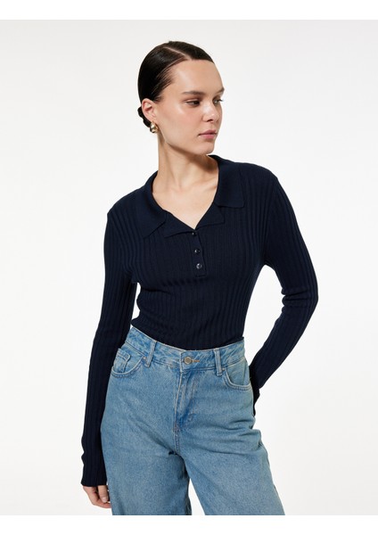 Yarım Düğme Detaylı Uzun Kollu Polo Yaka Triko Kazak