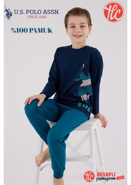 Erkek Çocuk Logolu Lacivert %100 Pamuklu Uzun Kollu Paça Lastikli Pijama Takım