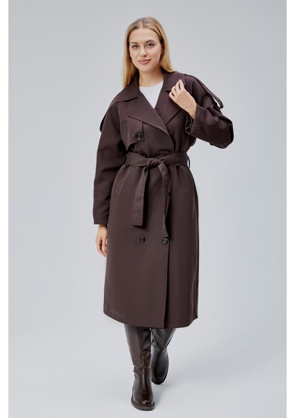 Acı Kahve Oversize Astarlı Uzun Trençkot