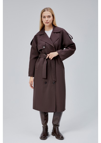 Acı Kahve Oversize Astarlı Uzun Trençkot fiyatları