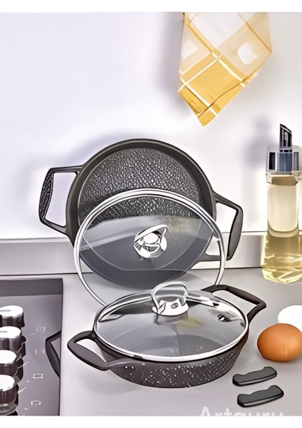 Şık Granit Döküm Sahan Seti (18 cm ve 20 Cm) – Cam Kapaklı