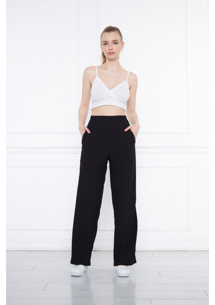 Siyah Beli Lastikli Bol Paça Çift Cepli Yüksek Bel Bürümcük Örme Kadın Pantolon fiyatları