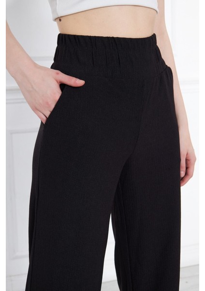 Siyah Beli Lastikli Bol Paça Çift Cepli Yüksek Bel Bürümcük Örme Kadın Pantolon modelleri