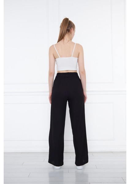 Siyah Beli Lastikli Bol Paça Çift Cepli Yüksek Bel Bürümcük Örme Kadın Pantolon fırsatları