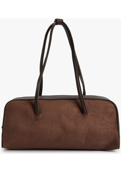 Fermuarlı Saplı Suni Süet Deri Görünümlü Büyük Omuz Çantası