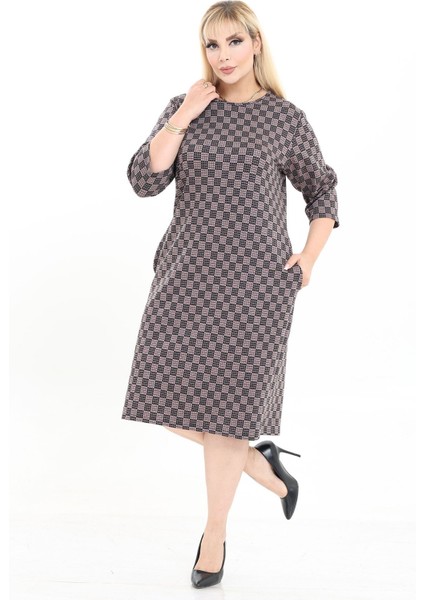 Çift Cepli Desenli Esnek Kışlık Büyük Beden Midi Elbise 38F-2726 fiyatları