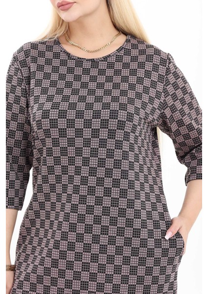 Çift Cepli Desenli Esnek Kışlık Büyük Beden Midi Elbise 38F-2726 modelleri