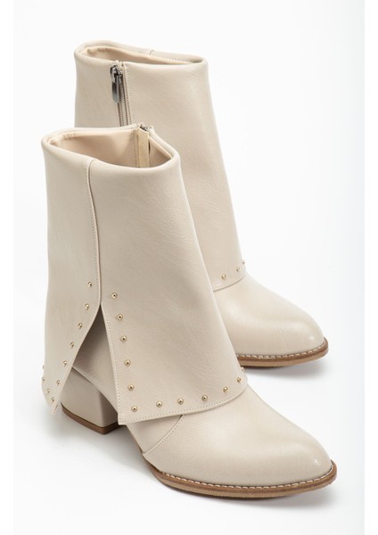 Kadın Sivri Burun Bej Cilt Detaylı Topuklu Bot fiyatları