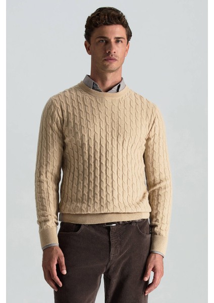 Lambswool Yün Saç Örgü Desenli Bisiklet Yaka Camel Kazak