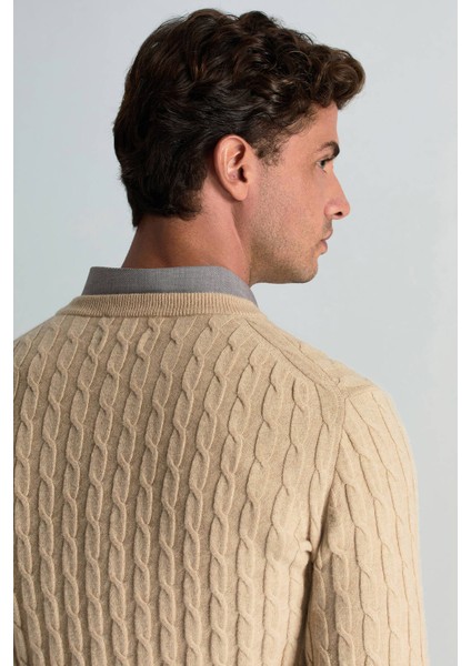 Lambswool Yün Saç Örgü Desenli Bisiklet Yaka Camel Kazak indirimleri