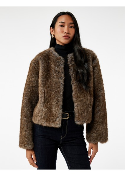 Uzun Kollu Bisiklet Yaka Crop Suni Kürk Mont modelleri