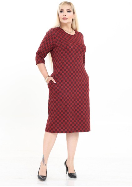 Çift Cepli Desenli Esnek Kışlık Büyük Beden Midi Elbise 29D-2725