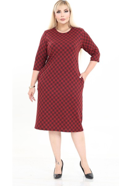 Çift Cepli Desenli Esnek Kışlık Büyük Beden Midi Elbise 29D-2725 fiyatları