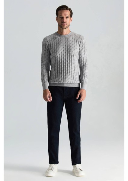 Lambswool Yün Saç Örgü Desenli Bisiklet Yaka Açık Gri Kazak