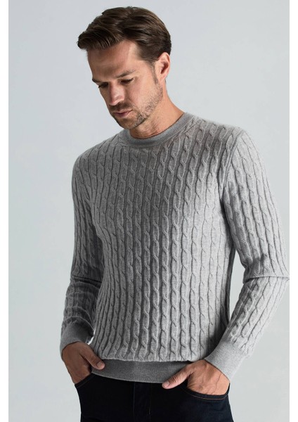 Lambswool Yün Saç Örgü Desenli Bisiklet Yaka Açık Gri Kazak fiyatları