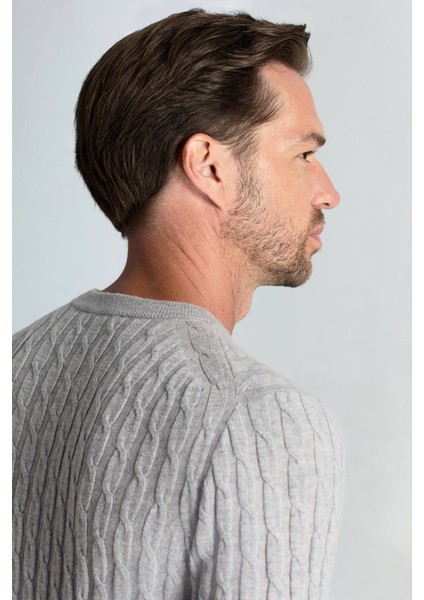 Lambswool Yün Saç Örgü Desenli Bisiklet Yaka Açık Gri Kazak indirimleri