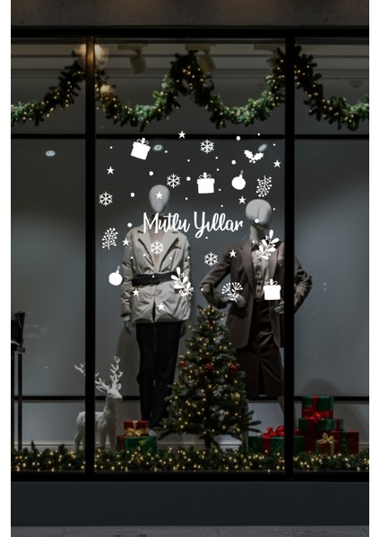 Mutlu Yıllar Yazısı Kar Taneleri ve Yılbaşı Ağacı Yapraklar Vitrin Stickerları Cam Duvar Kapı Yılbaşı Stickerı fiyatları