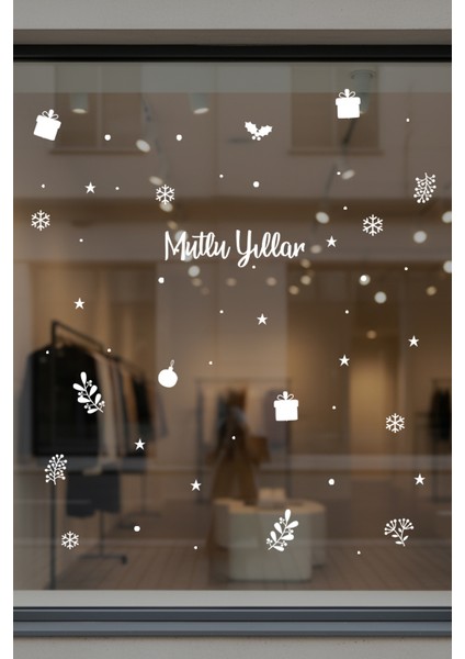 Mutlu Yıllar Yazısı Kar Taneleri ve Yılbaşı Ağacı Yapraklar Vitrin Stickerları Cam Duvar Kapı Yılbaşı Stickerı modelleri