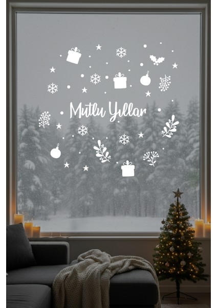Mutlu Yıllar Yazısı Kar Taneleri ve Yılbaşı Ağacı Yapraklar Vitrin Stickerları Cam Duvar Kapı Yılbaşı Stickerı fırsatları