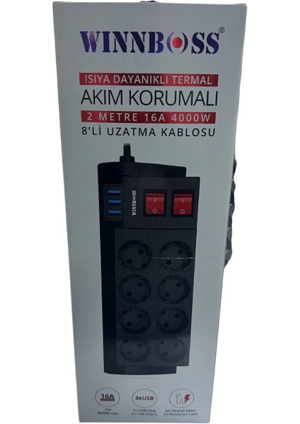 Termal Akım Korumalı Anahtarlı 8li Priz 2mt 8li 3xusb 16A 4000W